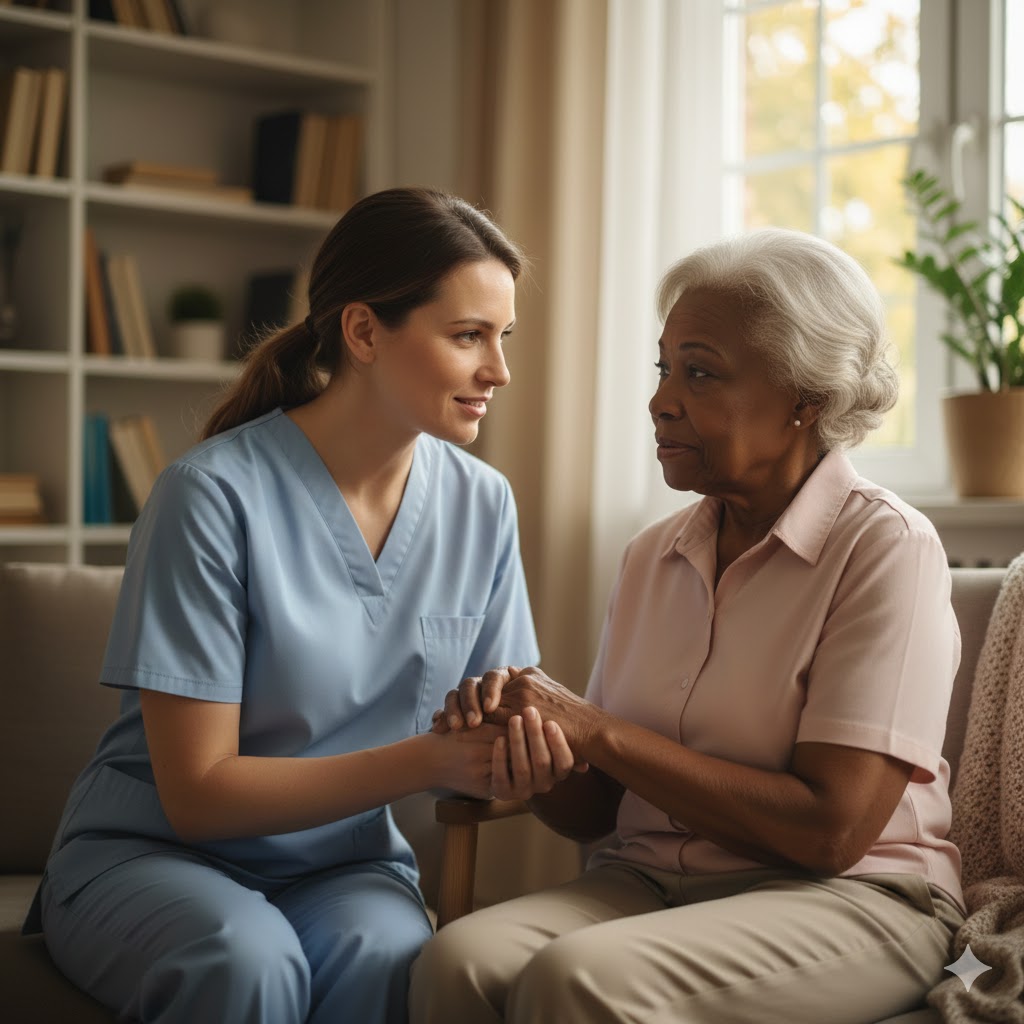Cuidador conversando pacientemente com idoso