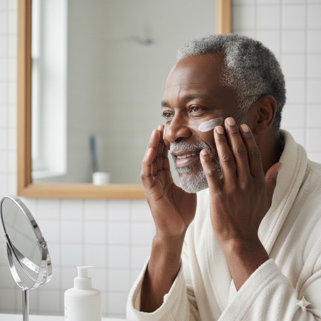 Cuidador aplicando creme nas mãos de um idoso