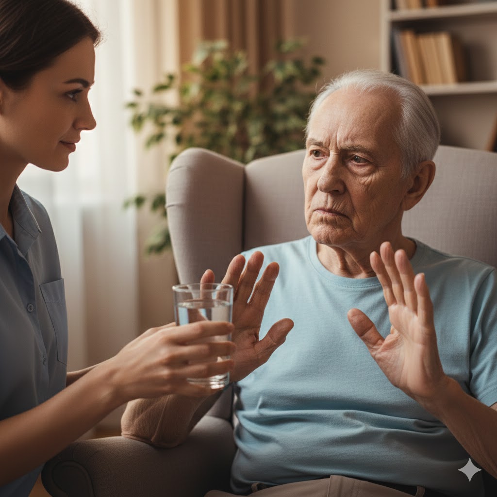 Cuidador oferecendo água para idoso